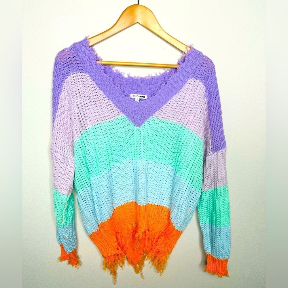 Fashion Nova Womens Colorblock Distressed Sweater Lavender Combo Small